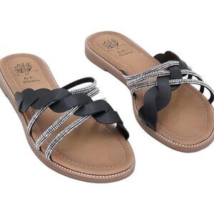 GC Shoes Jolie Strappy Embellished Slip-On Flat Sandals Black 8.5